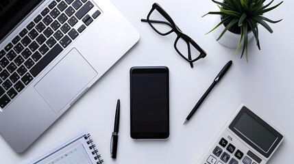 Leinwandbilder - White office desk table workspace office with laptop smartphone black screen pen calculator glasses Top view with copy space : Generative AI