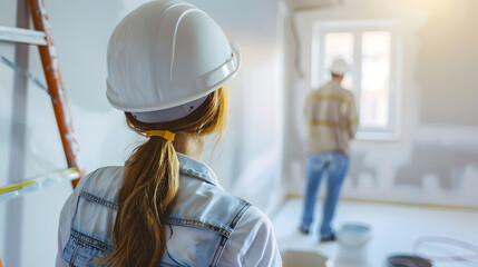 Poster - Finishing painting decorating work foreman builder supervisor in hardhat showing young woman homeowner renovation plan standing in empty house or apartment with ladder and plaster buck : Generative AI