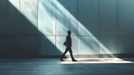 Aufkleber - Man walking by sunlit wall background with place for your advertising poster near empty shop window with space for your product presentation in modern building area outdoors mock up : Generative AI