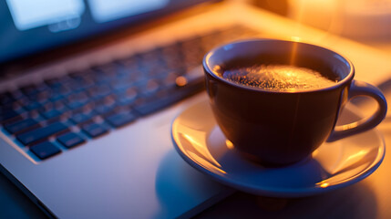 Aufkleber - work office desk with a cup of coffee computer laptop notebook pen : Generative AI
