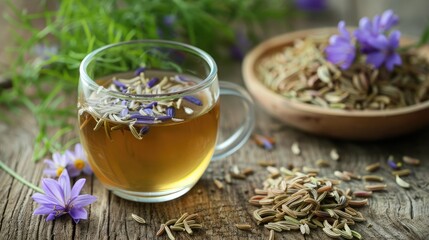 Sticker - Fennel Seed Tea and Extract with Flowers on Wooden Background Natural Remedy for Boosting Breast Milk Production and Relieving Stress and Sleep Troubles