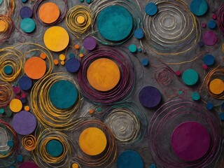 Poster - Variety of vibrant circles, spirals scattered across grey background, creating visually stimulating contrast. These circles, painted in hues of yellow, blue, purple, red, vary in size, both solid.