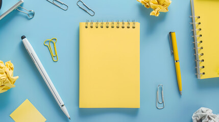 Poster - Yellow blank sticky notes on top of empty notebook and isolated on blue background with other objects like pen paper clip binder clip crumpled paper Open notepad with office supplies : Generative AI