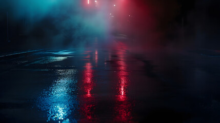 Poster - Dark street reflection on wet asphalt fog night city Rays of neon light in the dark neon light smoke Empty background scene Abstract dark background : Generative AI