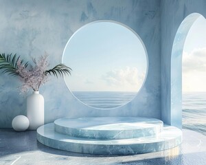 The image is a 3D rendering of a blue and white room with a large round window looking out onto a blue ocean