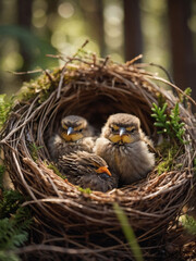 Wall Mural - Woodland Nursery, Baby Birds Nestled in a Cozy Nest Amidst the Forest