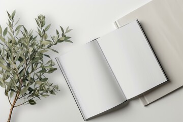 Poster - minimalist composition of an open, empty notebook beside a fresh eucalyptus branch on a clean white 