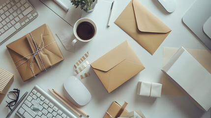 Poster - Top view of office stationery and accessories computer keyboard gift boxes envelope and cup of latte coffee  Minimalistic flat lay vintage styled home office desk workspace : Generative AI