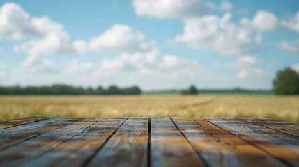 Leinwandbilder - The empty wooden brown table top with blur background of farmland and blue sky Exuberant image : Generative AI