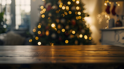 Poster - Empty table in front of christmas tree with decoration background : Generative AI