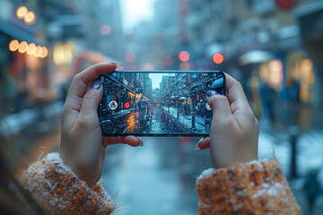 Poster - a person's hand holding a smartphone with a video call in progress, connecting with family and frien