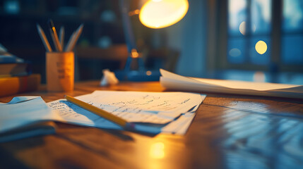 Aufkleber - Pencil eraser and papers on wooden table : Generative AI