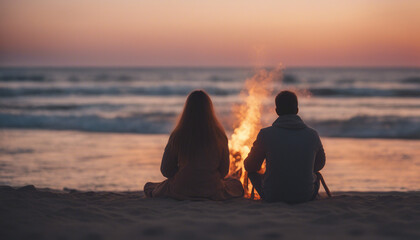 Wall Mural - Lovely couple sitting at the beach near the bonfire and watching the sunset
