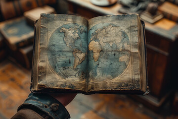 Poster - A person's hand holding a book about global history and civilization, exploring the interconnectedness of human societies across time and space.  Generative Ai.