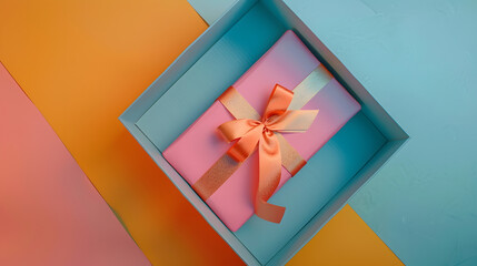 Poster - Open gift box on color background top view Mock up for design : Generative AI