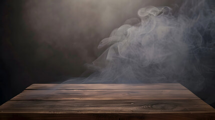 Poster - empty wooden table with smoke float up on dark background Empty Space for display your products : Generative AI