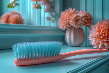 Wall Mural - Light coral-colored hairbrush with pastel blue bristles on a pastel green vanity table, symbolizing self-care and grooming. Generative Ai.