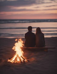 Wall Mural - Lovely couple sitting at the beach near the bonfire and watching the sunset
