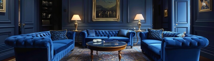 The room is decorated in a modern style with blue velvet sofas and armchairs