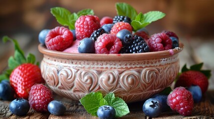 Wall Mural - The bowl of fresh mixed berries and yogurt on the wooden table is surrounded by fresh yogurt