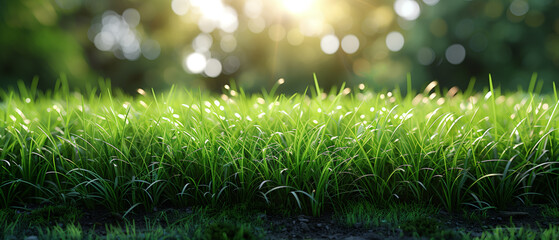 Poster - A lush green field with a bright sun shining down on it. The grass is tall and the sky is clear, creating a peaceful and serene atmosphere