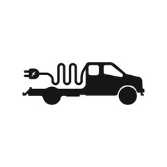 Poster - Car with charging vector. Black truck with plug socket vector. Charging station. Vetkor mobile power station. Transport ecology vector icon. Vector illustration.