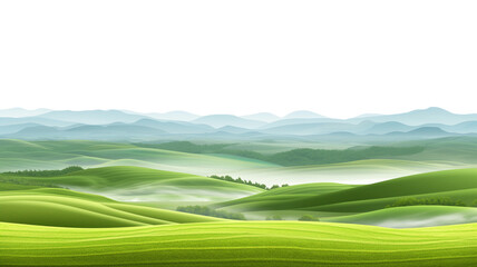 Poster - a green field with mountains in the background. The image has a peaceful and serene mood, with the vast open space and the natural beauty of the landscape