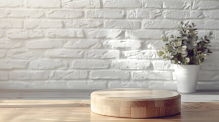 Aufkleber - Empty wooden pedestal on kitchen table before white brick wall : Generative AI