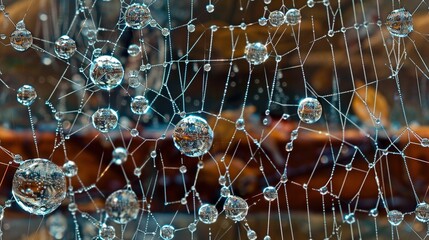 Wall Mural -   A close-up of a spider web with numerous droplets of water on the silken strands