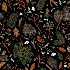 Wall Mural - Beautiful forest print with pine branches and oak leaves. Woodland textures, seamless pattern illustration on black background