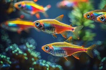 School of Neon Tetras with glowing bodies, perfect for freshwater aquarium themes.