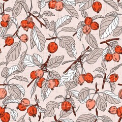 Wall Mural - Little red apples on branches with silver leaves. Retro style beautiful botanical seamless pattern