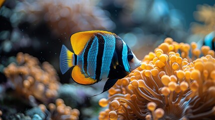 Wall Mural - A blue aquarium with corals and moorish idol fish