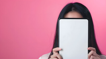 Aufkleber - Advertising Concept Portrait of excited asian lady peeking out big giant vertical smartphone with white blank screen presenting device display Gadget with empty free space for mock up  : Generative AI