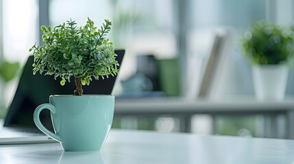 Leinwandbilder - Close up view of simple workspace with laptop notebooks coffee cup and tree pot on white table with blurred office room background : Generative AI