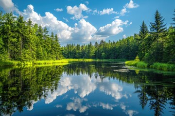 Wall Mural - Forest With Lake. Serene Summer Landscape with Beautiful Green Reflections