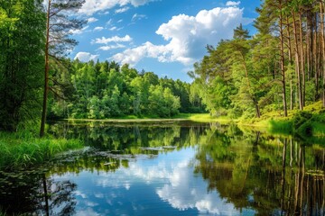 Wall Mural - Forest With Lake. Stunning Summer Landscape with Green Reflections in Water