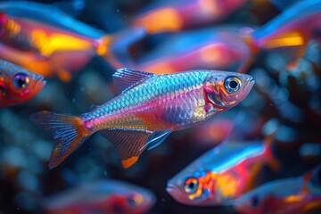 School of Neon Tetras with glowing bodies, perfect for freshwater aquarium themes.