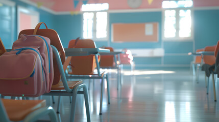 Poster - Interior of stylish empty classroom with backpacks and stationery : Generative AI