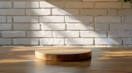 Aufkleber - Empty wooden pedestal on kitchen table before white brick wall : Generative AI