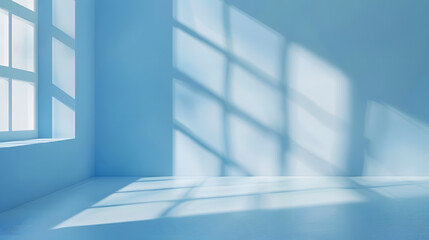 Fototapete - Minimalistic simple abstract light blue background for product presentation Shadow and light from windows on wall : Generative AI
