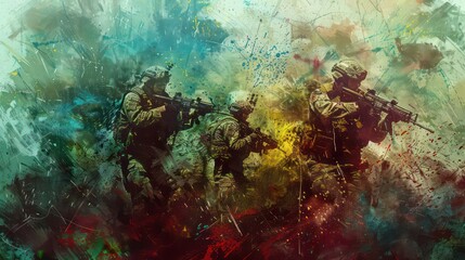 Wall Mural - Abstract military art depicting resilience in dynamic colors