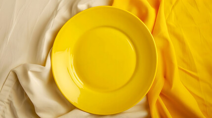 Aufkleber - Top view on colored background empty round yellow plate on tablecloth for food Empty dish on napkin with space for your design : Generative AI