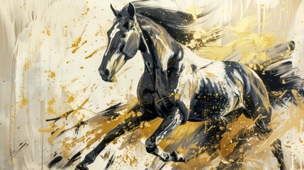 Wall Mural - Art painting, horse, gold, gold painting, wall art, modern artwork, paint spots, paint strokes, knife painting. Large stroke oil painting, mural, art wall