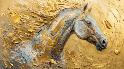 Wall Mural - Art painting, horse, gold, gold painting, wall art, modern artwork, paint spots, paint strokes, knife painting. Large stroke oil painting, mural, art wall