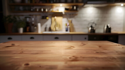 Aufkleber - Wooden table top view for product montage over blurred kitchen interior background : Generative AI