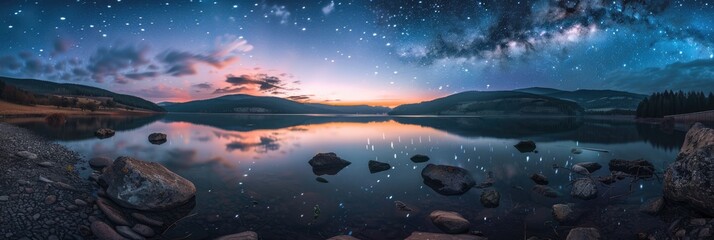 Wall Mural - Night Nature. Sunset Sky Reflection in Mountain Lake Landscape