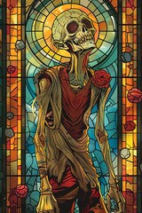 Wall Mural - A skeleton is standing in front of a stained glass window