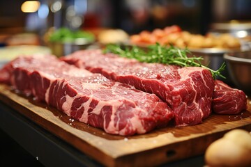 Fresh raw beef steak on cutting board in restaurant, close up view