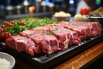 Raw beef steak with herbs and spices on cutting board, closeup